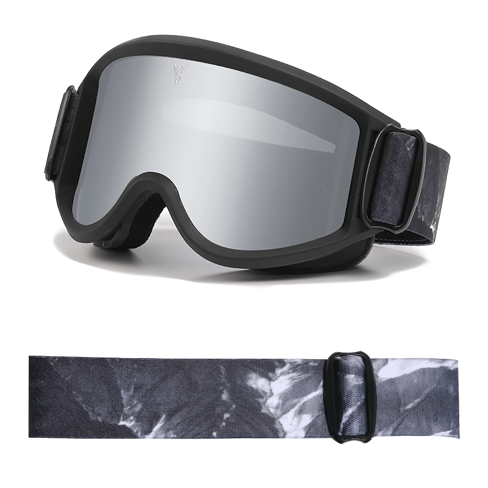 Anti-glare ski goggles with wide lens and adjustable strap for UV protection and snowboarding. Model SF2216, sleek black design.